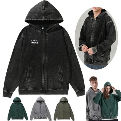 Custom Unisex Fashion Sweatshirt Vintage Washed Cotton Zip-Up Hoodie