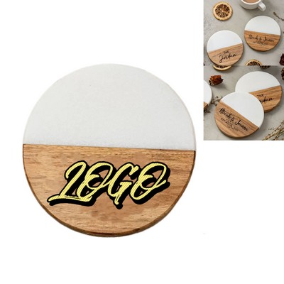3.9" Practical Round Hybrid Wood & Marble Coaster