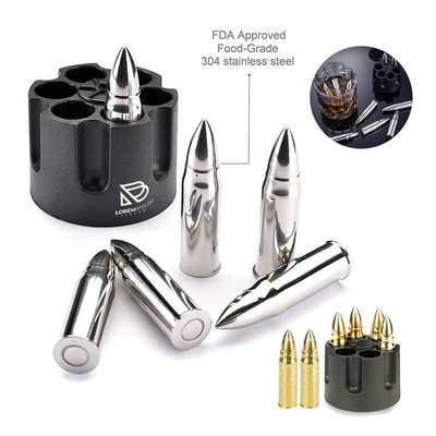 6 Pcs Silver Bullets Whiskey Stones With Revolver Base