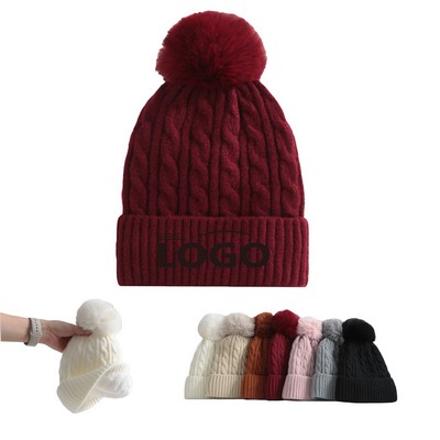 Knit Beanie with Faux Fur Pom