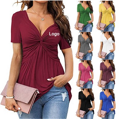 Womens Front Knitted V-Neck Blouse T Shirt Short Sleeve Oversized Tunic Tops Summer Solid Tees