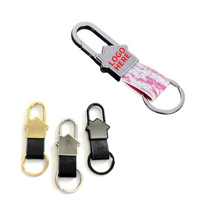 Stylish Zinc Alloy Home Keychain with Genuine Leather Strap