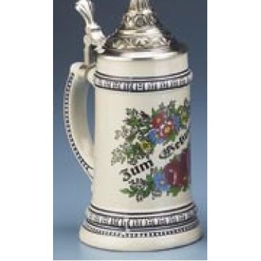 Cream Beige Stoneware Stein w/Conical Lid & Custom Decals