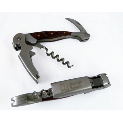 Deluxe Bartender Wood Handle Corkscrew & Bottle Opener w/Serrated Knife