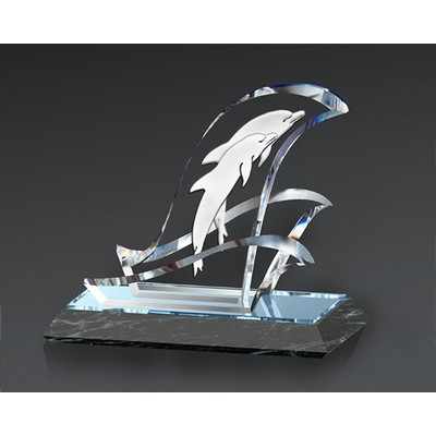 Fine Optical Crystal United Dolphins Figurine w/ Marble base
