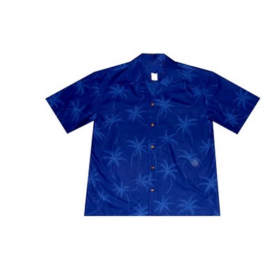 Navy Hawaiian Shirt (S - 3XL in-stock) - 100% Cotton Poplin Tropical Print w/ Coconut Buttons