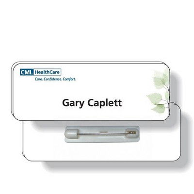 .050 White Plastic Badge with Safety Pin / rectangle (1" x 2.75") 4CP