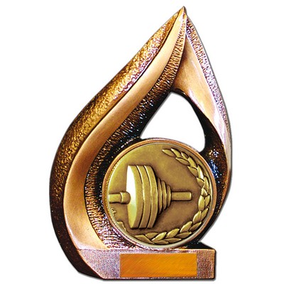 Stock 9" Flame Trophy with 2" Weightlifting Coin and Engraving Plate