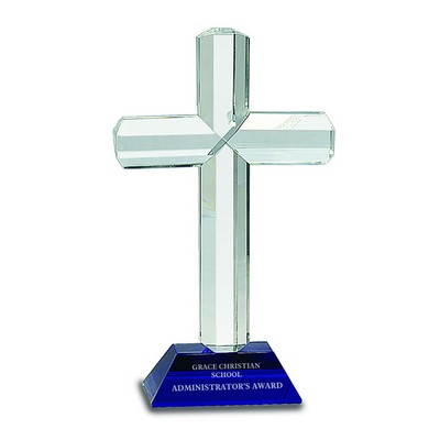 Engraved Premier Crystal Cross With Blue Base