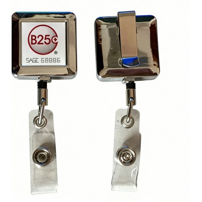 Square Retractable Metal Badge Reel w/ Belt Clip & Full Color Epoxy Dome Logo