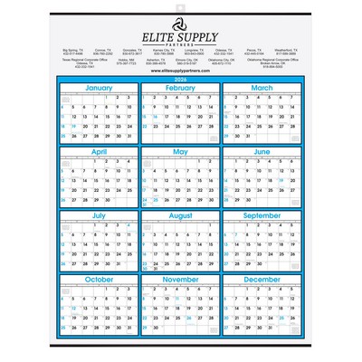 Blue Border Modern Yearly Calendar w/Top Imprint