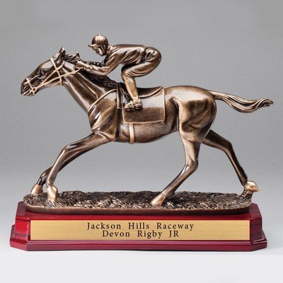 9 ½" Antique Brass Resin Horse Racer Trophy