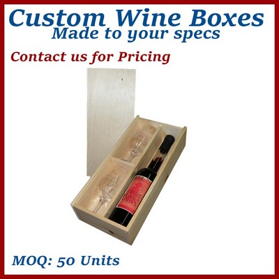Natural Custom 1 Bottle & 2 Glasses Slide-Top Wood Wine Box - or for any products