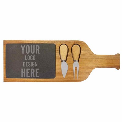 Acacia Wood/Slate Serving Board with Two Tools - 17.5" x 6"