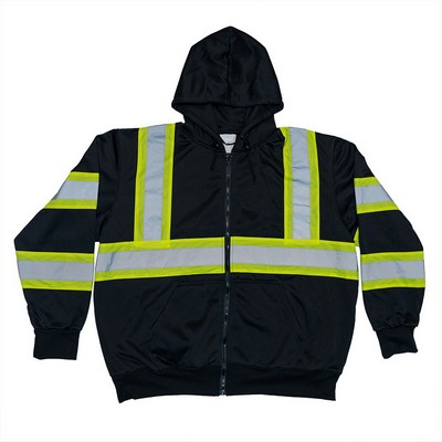 ANSI Class 3 Premium 10 Oz. Hooded Zip-Up Sweatshirt, Black color with Hi Viz Green Contrast