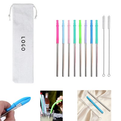 Silicone Flex Stainless Straw Set With Pouch