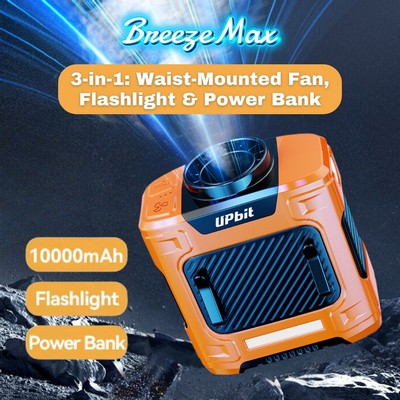 BreezeMax 3-in-1: Waist-Mounted Fan, Flashlight & Power Bank