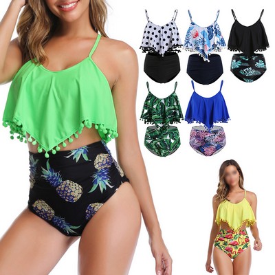 Elegant High-Waisted Floral Bikini Set with Adjustable Features