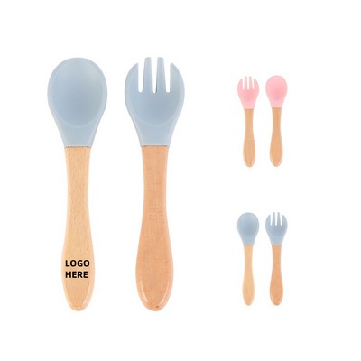 Silicone Spoon&Fork w/ Woodeen Handle for Children