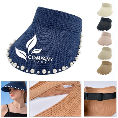 Pearl Folding Straw Hollow Brim Sun Hat