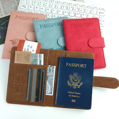 PU Leather Passport Cover RFID Blocking Wallet w/ Magnetic Closure