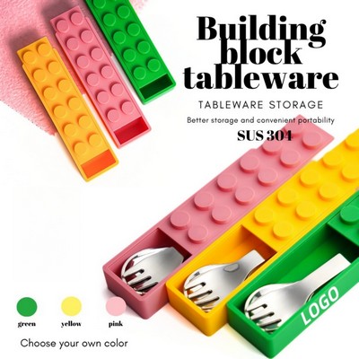 304 Stainless Steel Building Block Kids Spoon Fork Set