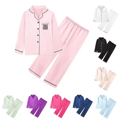 Girls Boys Women Satin Pajamas Set Long Sleeve Silky Button Down Sleepwear