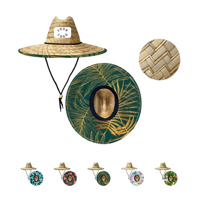 Flat Brim Hollow Straw Sun Hat Full Color Patch Underbrim