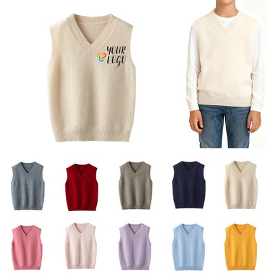 100% Wool V-Neck Sleeveless Sweater Pullover Vest For Boys And Girls