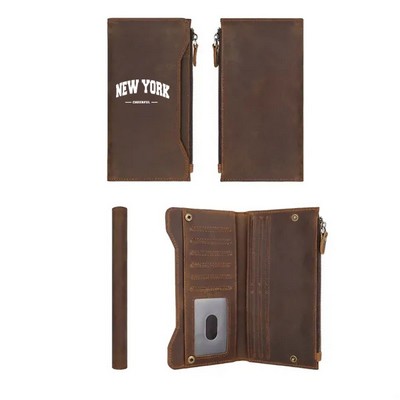 Genuine Leather Zippered Long Bifold RFID Wallet