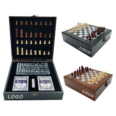 4-In-1 Wooden Game Set (Chess & Dominoes & Playing Cards & Dice)