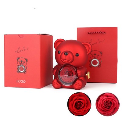 Hugging Bear Eternal Rose Jewelry Box Flip-Open Rotating Rose Ring Case Romantic Teddy