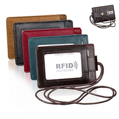 Genuine leather ID card holder with neck strap
