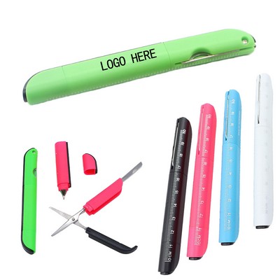 Multi-Function Ballpoint Pen With Scissors Blade & Ruler