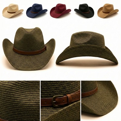 Breathable Rope-Adjustable Straw Cowboy Visor for Beach and Garden