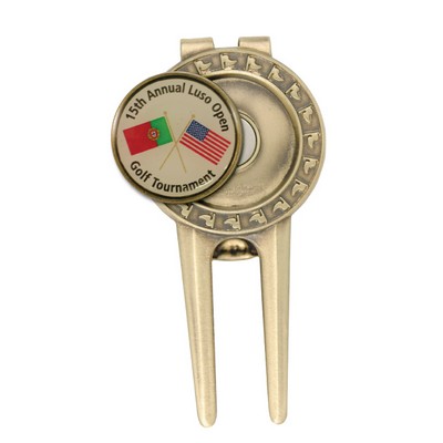 Solid Brass Divot Tool w/ Spring Money Clip Back and Full Color Ball Marker