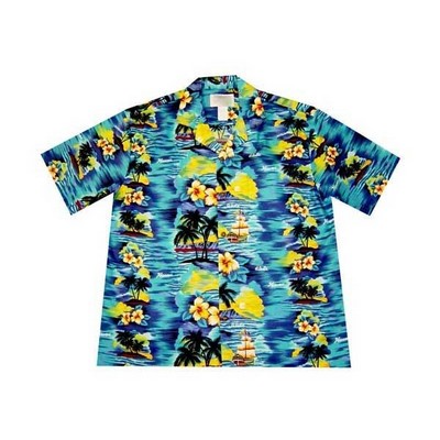 Navy Hawaiian Cotton Poplin Shirt w/Button Front & Short Sleeves