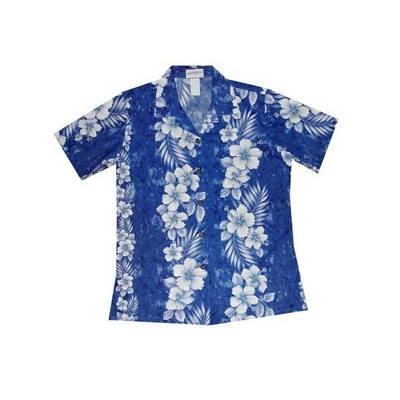 Ladies Navy Hawaiian Cotton Poplin Shirt w/Button Front & Short Sleeves