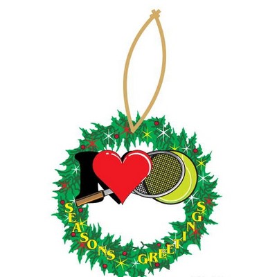 I Love Tennis w/ Racket Wreath Ornament w/ Clear Mirrored Back (2 Square Inch)