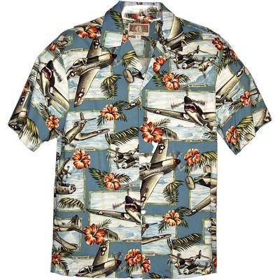 Blue Hawaiian Tropical Military Print Shirt - Airplanes Circa Wwii.