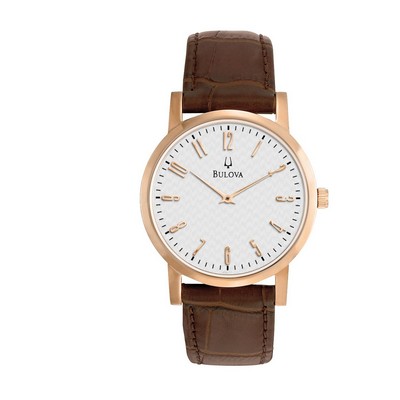 Bulova® Ladies' Rose Gold Case/White Dial Dress Watch W/ Brown Leather Strap