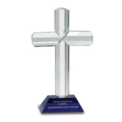 Crystal Cross on Blue Pedestal Base