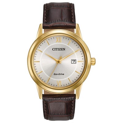 Citizen® Men's Eco-Drive Brown Leather Strap Watch W/ Ivory Dial & Gold Accents