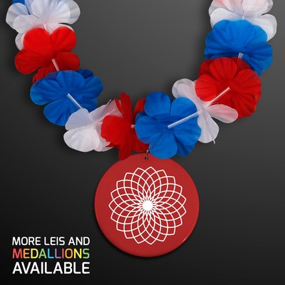 Red, White & Blue Flower Lei Necklace with Red Medallion (Non-Light Up) - PRINTED