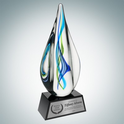Art Glass Teal Aurora Award w/ Black Base & Silver Plate