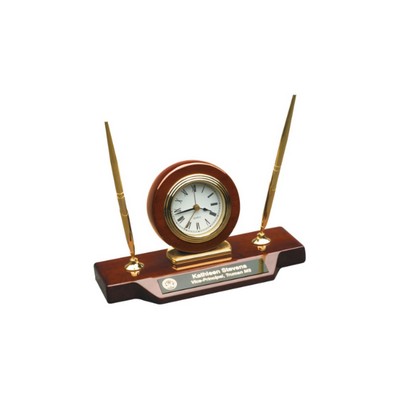 Piano Finish Desk Clock on Base with 2 Pens