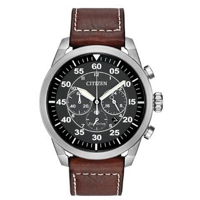 Citizen® Men's Avion Eco-Drive® Brown Leather Strap Watch w/Black Dial