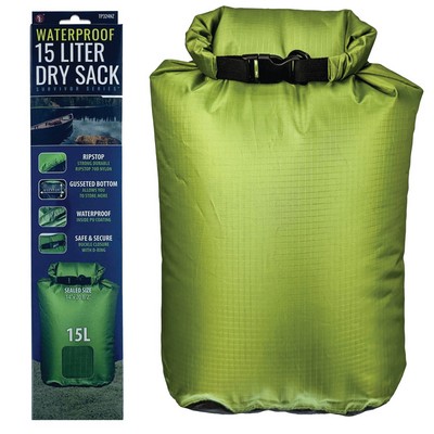 15L Waterproof Green Dry Sack w/Gusseted Bottom