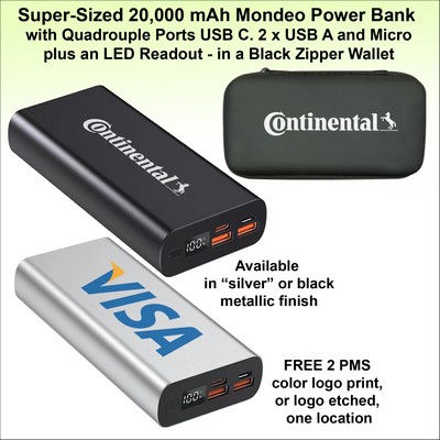 Super Sized 20,000 mAh Mondeo Power Bank 4 Ports, C & A, LED. Black Zipper Wallet