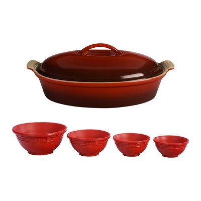 Le Creuset 4 Qt. Heritage Stoneware Cerise Covered Oval Casserole w/Prep Bowls